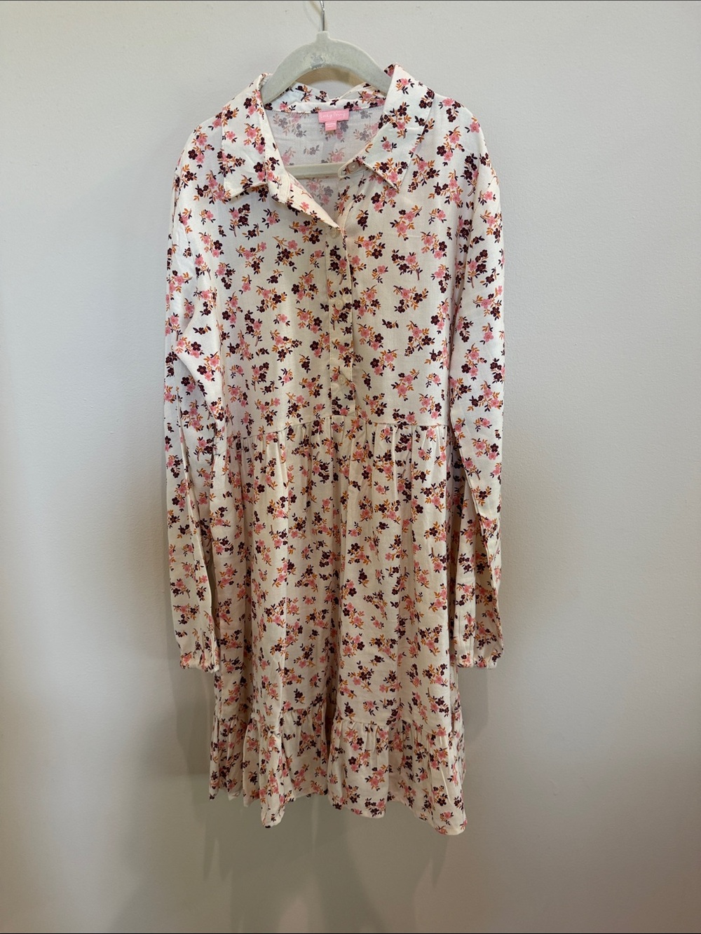 Floral Collared Button-Front Kids Dress - Cream with Pink Blossoms